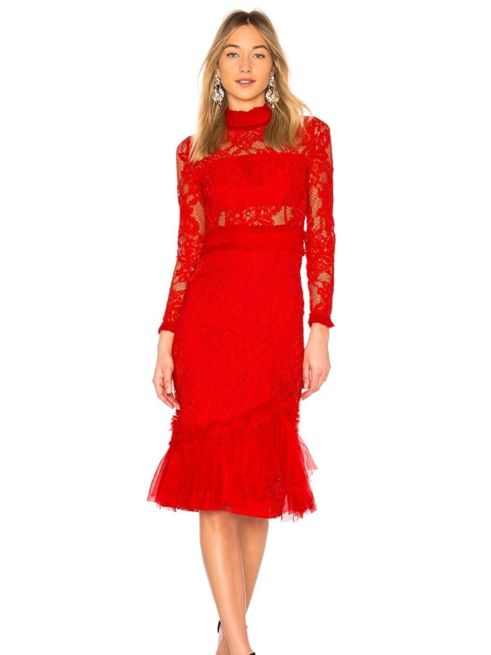 ALEXIS Anabella Lace Midi Dress XS Sheer Floral Long Sleeve, Red, Party Cocktail